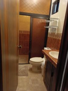 a bathroom with a toilet and a sink at Hotel Tropigalas in Tampamachoco