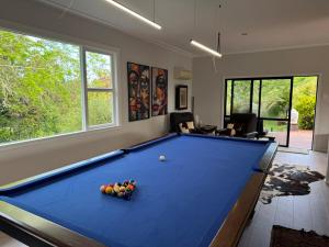 a living room with a pool table in it at Taratara retreat in Kaeo