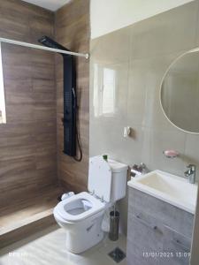 a bathroom with a white toilet and a sink at Mountain View & Comfort in Villa Santa Cruz del Lago