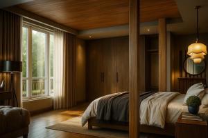 a bedroom with a bed and a large window at บ้านลืมเมืองอยุธยา in Ban Sao Thong