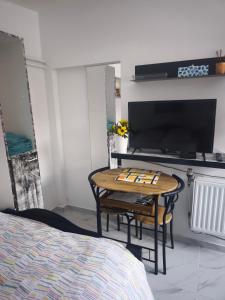 a room with a table and a tv and a bed at Modern lux studio B in Beringen +14 photos
