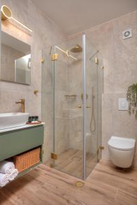 a bathroom with a shower with a toilet and a sink at Keter HaSimta - כתר הסמטה in Safed +13 photos