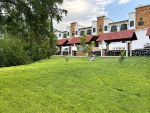 a dog sitting in a field in front of a building at Hotel Villa's Camargo in Ixmiquilpan