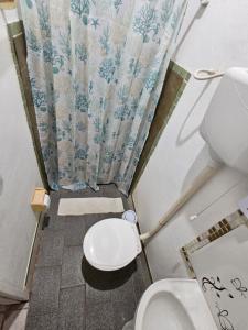 a bathroom with a toilet and a shower curtain at EsPAÇO RUSTIK in Santa Cruz Cabrália