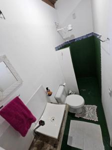 a bathroom with a white toilet and a purple towel at EsPAÇO RUSTIK in Santa Cruz Cabrália