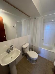 a bathroom with a toilet and a sink and a tub at Vista a los volcanes in Puerto Montt
