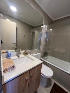 a bathroom with a sink and a toilet and a mirror at Genesis in Chillán