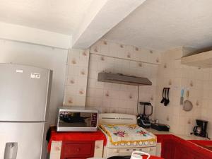 a kitchen with a white refrigerator and a microwave at CASA MARY in Tequesquitengo