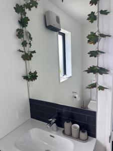 a bathroom with a sink and a mirror at Room with en-suite bathroom in Kaiapoi