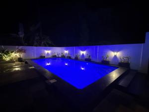 a swimming pool lit up at night with blue lights at Henmil Hideaway in Anjuna