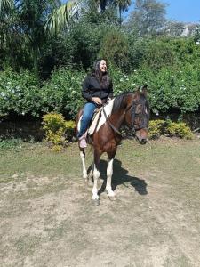 a woman riding a brown and white horse at Nomada in Mount Ābu