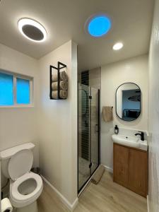 a bathroom with a toilet and a sink and a mirror at Beach Paradise- 4 Min Walk To Beach in Santa Cruz