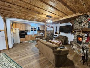 a living room with a couch and a fireplace at Casa din fagi in Munună