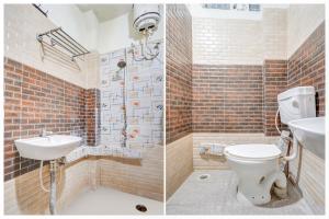 two pictures of a bathroom with a toilet and a sink at Hotel O George Town in Colonelganj