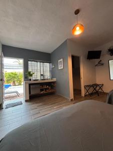 a living room with a bed and a television at Tequisquiapan Encantó in San Nicolás
