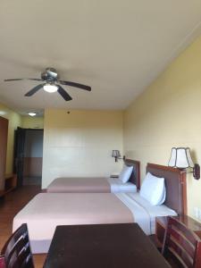 two beds in a room with a ceiling fan at Albergo Hotel in Baguio +25 photos