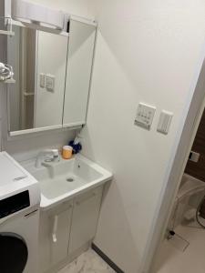 a white bathroom with a sink and a mirror at shine house warabi2 in Warabi +18 photos