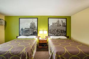 two beds in a hotel room with green walls at Super 8 by Wyndham Williams in Williams