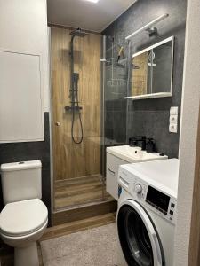 a bathroom with a toilet and a washing machine at Apartmán Sárka Brezno in Brezno