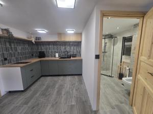 a large kitchen with a sink and a toilet at Domek na Niedźwiedziarce in Zawoja +28 photos