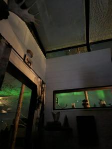 a room with two windows with green lights in it at Levi Secret Igloo Revontuli in Levi