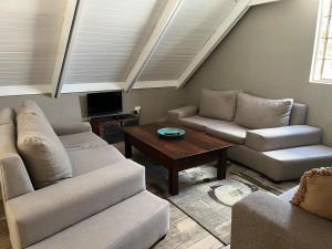 a living room with two couches and a table at Rapids View Cottage in Parys