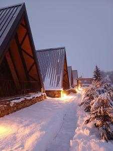 a snow covered path in front of a building at A frame Alba Iulia in Alba Iulia