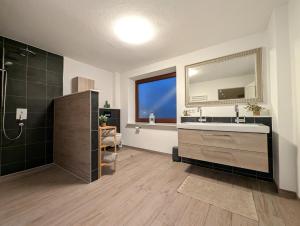 a bathroom with a sink and a shower and a mirror at Heidezimmer in Bispingen +21 photos