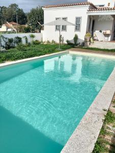 a swimming pool with blue water in front of a house at Casa do Caracol in Oliveira de Azemeis