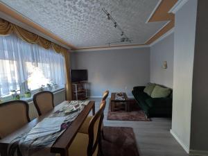 a living room with a table and a green couch at Pension Remenar & Lorenz in Zeithain