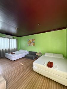 two beds in a room with a green wall at Sascha's Resort Oslob in Oslob +61 photos