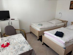a room with three beds and a chair and a tv at Zimmervermietung Lippmann in Großhartmannsdorf