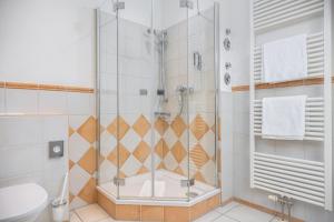 a bathroom with a shower and a toilet at Strandnest in Dierhagen +23 photos