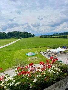 a field with a picnic table and some flowers at Esingerhof in Laufen
