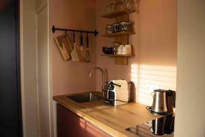 a kitchen counter with a sink and a coffee maker at Weidesuite bij Leeuwarden. Natuur en 11stedenwater in Weidum