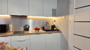 a kitchen with white cabinets and a counter top at Studio - Apartamenty Parkowe in Gniezno