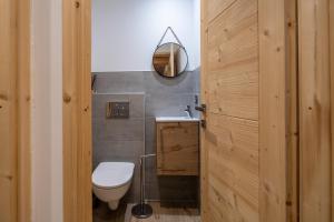 a bathroom with a toilet and a mirror at Appartement Hermine in Les Allues