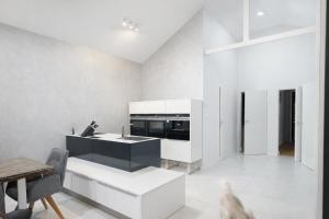 a kitchen with a black and white kitchen at Chalet Rufux in Dolná Lehota +1 photo