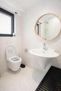 a bathroom with a sink and a toilet and a mirror at Chalet Rufux in Dolná Lehota