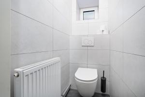 a white bathroom with a toilet and a window at Na Samotě u tratě in Nepomuk