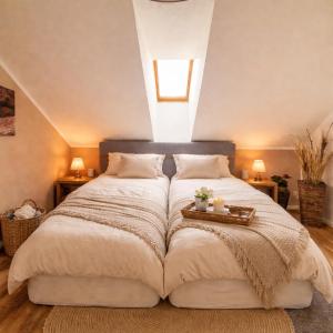 a bedroom with a large bed with a skylight at Weidelandfarm am Riebener See in Beelitz