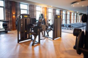 a gym with treadmills and ellipticals in a room at Aspria Hannover Maschsee Sport & Spa in Hannover