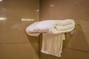 a towel hanging on a towel rack in a bathroom at The Vilton in Raipur +58 photos