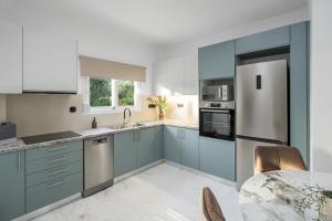 a kitchen with blue cabinets and stainless steel appliances at Alea Villa in Ierapetra