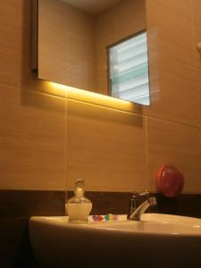 een badkamer met een wastafel en een spiegel bij F.M GUESTHOUSE in Kampong Darat Tanah Puteh