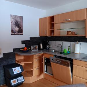 a kitchen with wooden cabinets and a sink at Ferienwohnung Landliebe in Pinswang