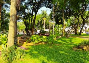 a park with trees and a bench in the grass at Hotel aeroporto Guarulhos in Guarulhos