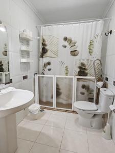 a white bathroom with a toilet and a sink at Apartamentos Shalom Ribadeo in Ribadeo +32 photos