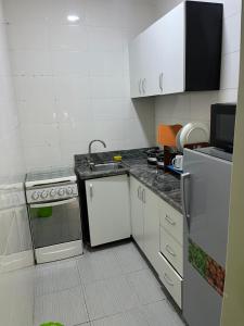 a small kitchen with a sink and a refrigerator at Mobile Unique Apt in Ikeja