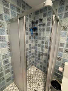 a shower in a bathroom with blue and white tiles at Kıymet Aydogdu in Alaçatı